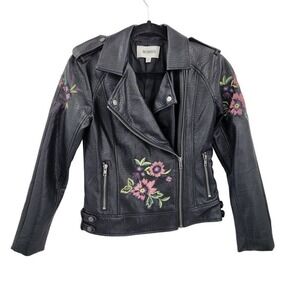 BB Dakota Faux Leather Embroidered Moto‎ Biker Bomber Jacket XS Black Vegan Edgy
